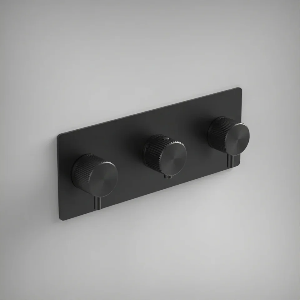 Ava Fluted 4 Way 3 Handle Thermostat Valve W/backplate 3.0 - Brushed Black product image - Image 1