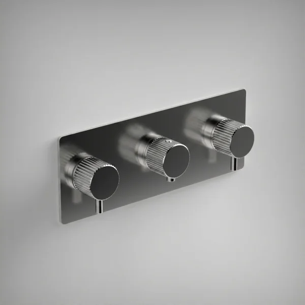 Ava Fluted 4 Way 3 Handle Thermostat Valve W/backplate 3.0 - Polished Stainless Steel