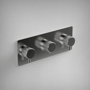 Ava Fluted 4 Way 3 Handle Thermostat Valve W/backplate 3.0 - Polished Stainless Steel