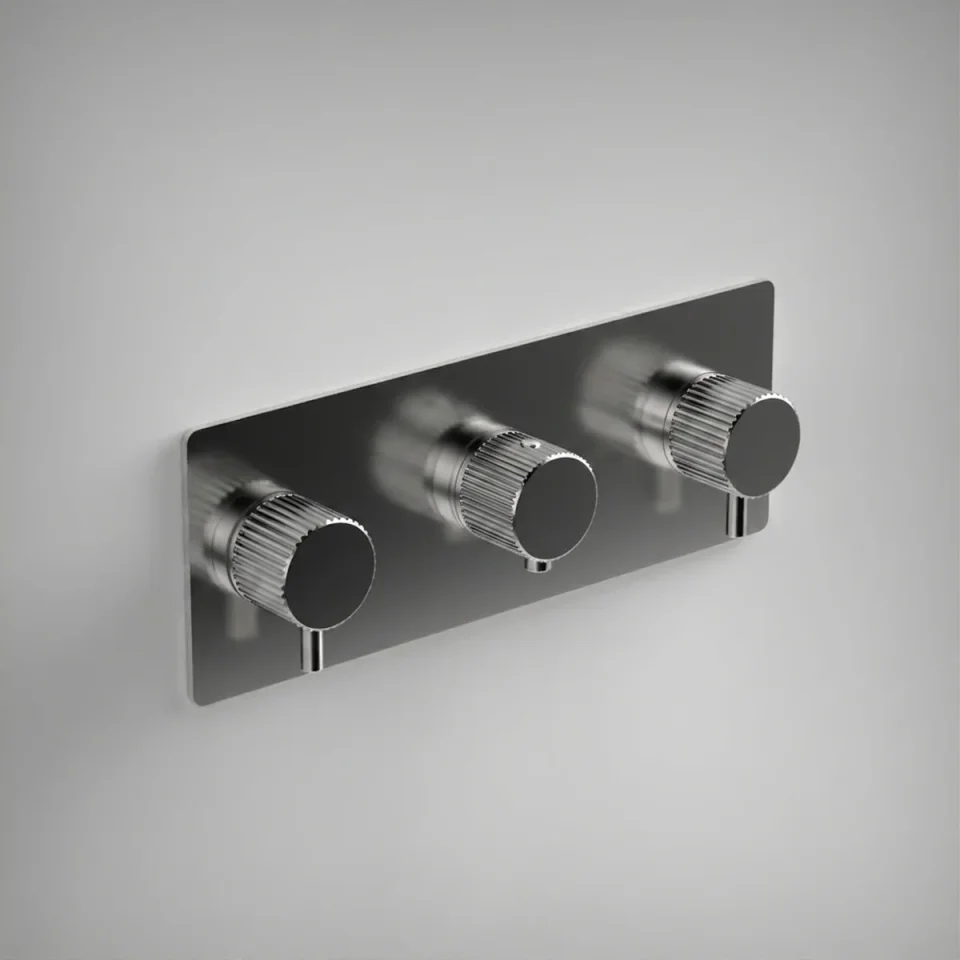 Ava Fluted 4 Way 3 Handle Thermostat Valve W/backplate 3.0 - Polished Stainless Steel product image - Image 1