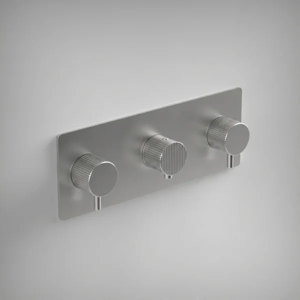 Ava Fluted 4 Way 3 Handle Thermostat Valve W/backplate 3.0 - Brushed Stainless Steel