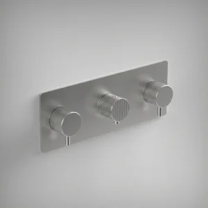 Ava Fluted 4 Way 3 Handle Thermostat Valve W/backplate 3.0 - Brushed Stainless Steel