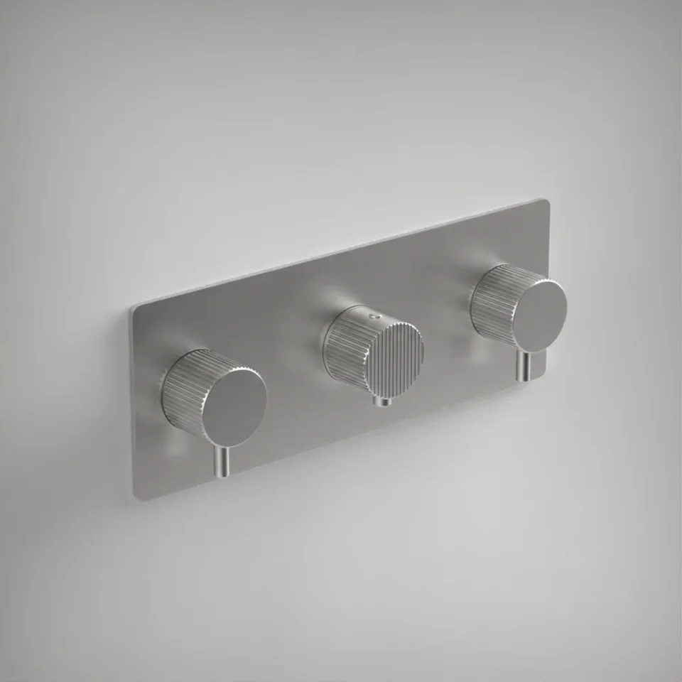 Ava Fluted 4 Way 3 Handle Thermostat Valve W/backplate 3.0 - Brushed Stainless Steel product image - Image 1