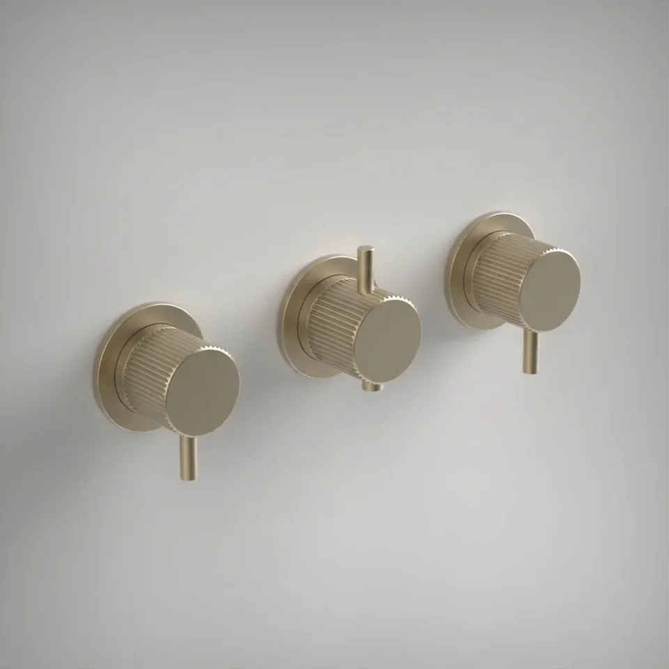 Ava Fluted 4 Way 3 Handle Thermostat Valve W/flange 3.0 - Brushed Brass product image - Image 1