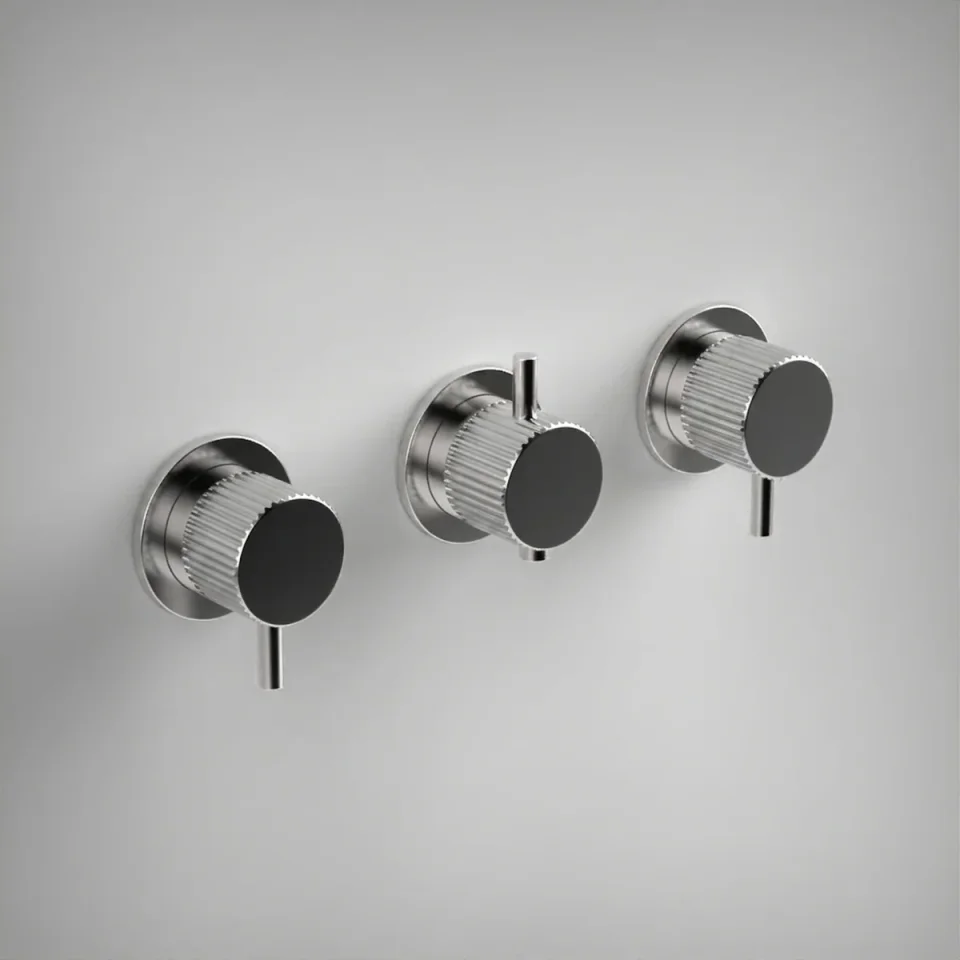 Ava Fluted 4 Way 3 Handle Thermostat Valve W/flanges 3.0 - Polished Stainless Steel product image - Image 1