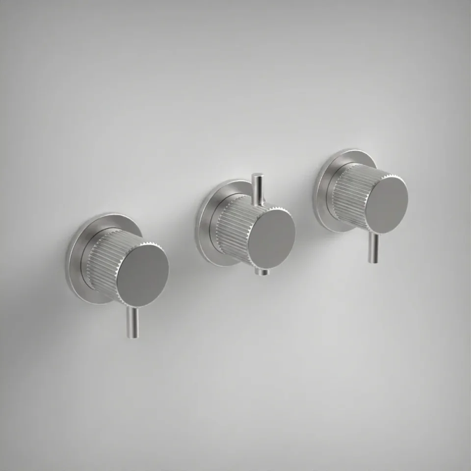 Ava Fluted 4 Way 3 Handle Thermostat Valve W/flange 3.0 - Brushed Stainless Steel product image - Image 1