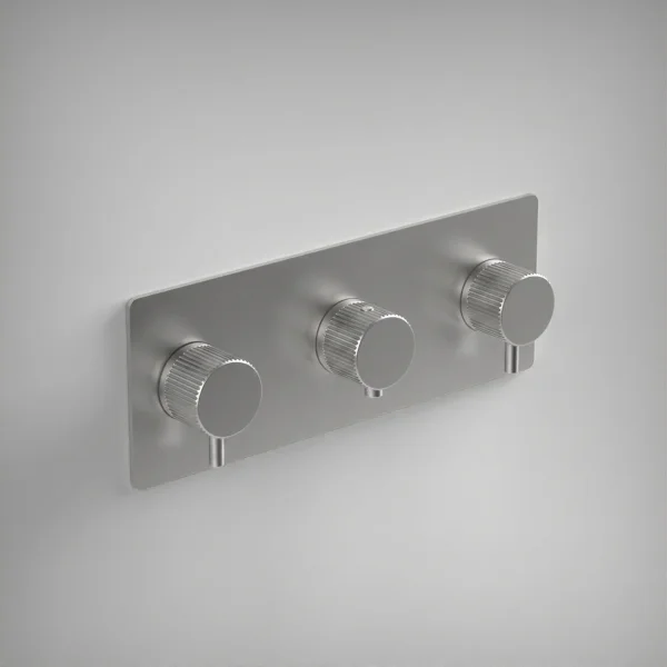 Ava Fluted 2 Way 3 Handle Thermostatic Valve W/ Backplate - Brushed Stainless Steel