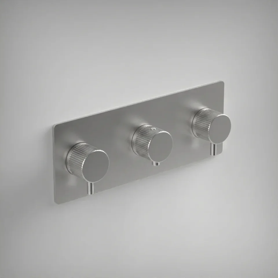 Ava Fluted 2 Way 3 Handle Thermostatic Valve W/ Backplate - Brushed Stainless Steel product image - Image 1
