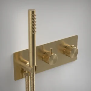 Ava Fluted 2 Way 2 Handle Thermostatic Valve With Built In Hand Shower W/3 Hole Backplate 3.0 - Brushed Brass