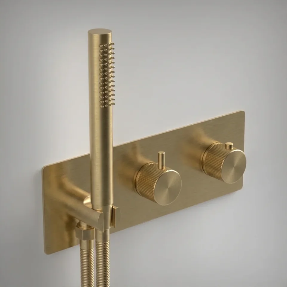 Ava Fluted 2 Way 2 Handle Thermostatic Valve With Built In Hand Shower W/3 Hole Backplate 3.0 - Brushed Brass product image - Image 1