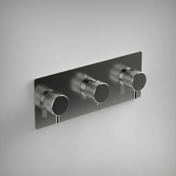 Ava Fluted 2 Way 3 Handle Thermostatic Valve W/ Backplate - Polished Stainless Steel