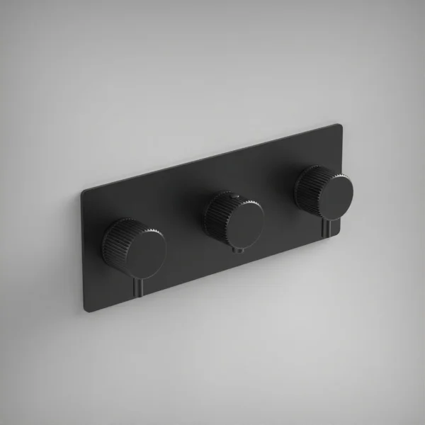 Ava Fluted 2 Way 3 Handle Thermostatic Valve W/ Backplate - Brushed Black