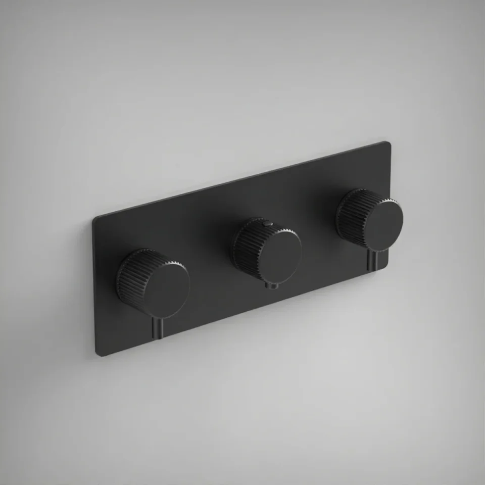 Ava Fluted 2 Way 3 Handle Thermostatic Valve W/ Backplate - Brushed Black product image - Image 1