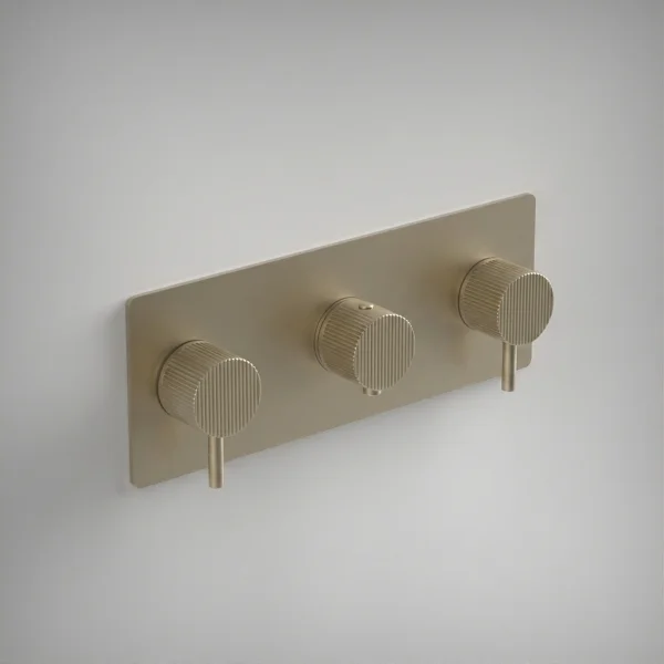 Ava Fluted 2 Way 3 Handle Thermostatic Valve W/ Backplate - Brushed Brass
