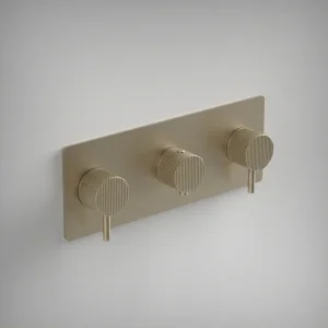 Ava Fluted 2 Way 3 Handle Thermostatic Valve W/ Backplate - Brushed Brass