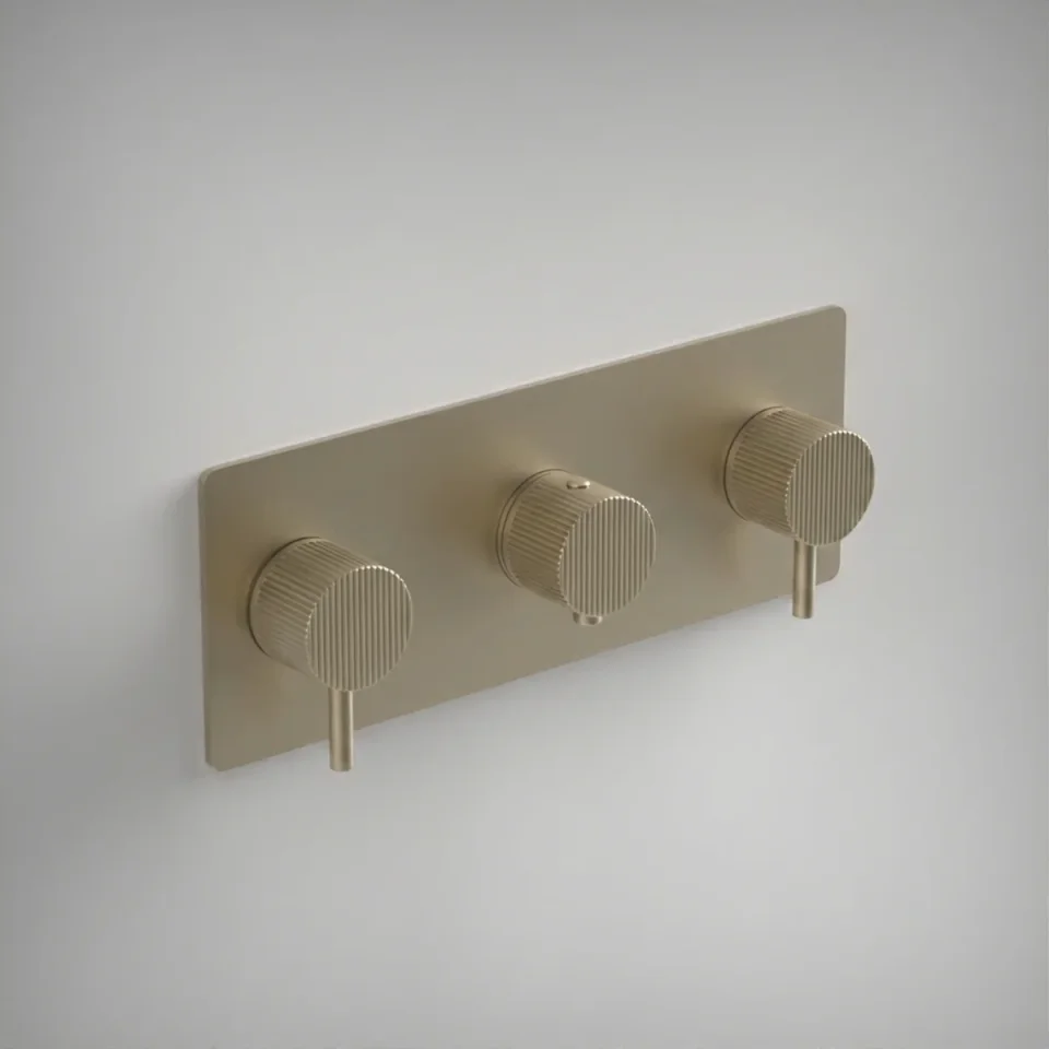 Ava Fluted 2 Way 3 Handle Thermostatic Valve W/ Backplate - Brushed Brass product image - Image 1