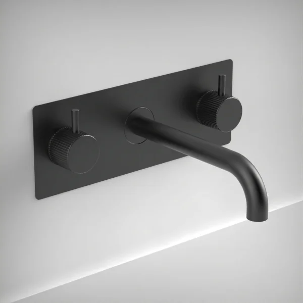 Ava Fluted 3 Hole Wall Mounted Basin Mixer With Back Plate - Brushed Black