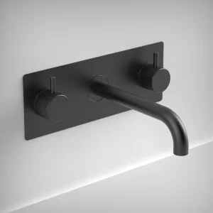 Ava Fluted 3 Hole Wall Mounted Basin Mixer With Back Plate - Brushed Black