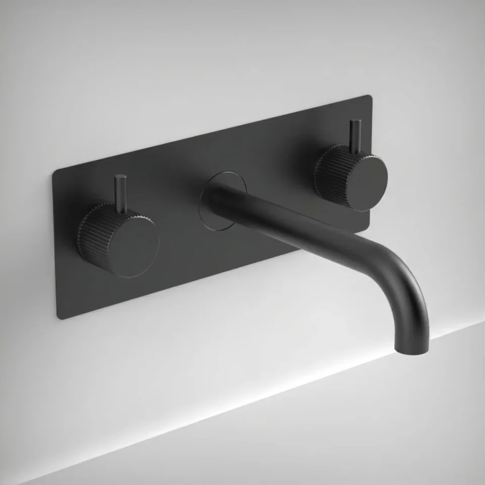 Ava Fluted 3 Hole Wall Mounted Basin Mixer With Back Plate - Brushed Black product image - Image 1