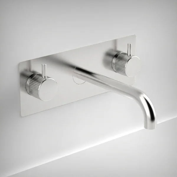 Ava Fluted 3 Hole Wall Mounted Basin Mixer With Back Plate - Polished Stainless Steel