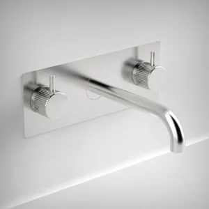 Ava Fluted 3 Hole Wall Mounted Basin Mixer With Back Plate - Polished Stainless Steel