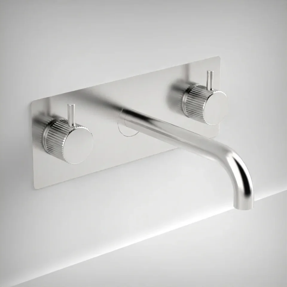 Ava Fluted 3 Hole Wall Mounted Basin Mixer With Back Plate - Polished Stainless Steel product image - Image 1