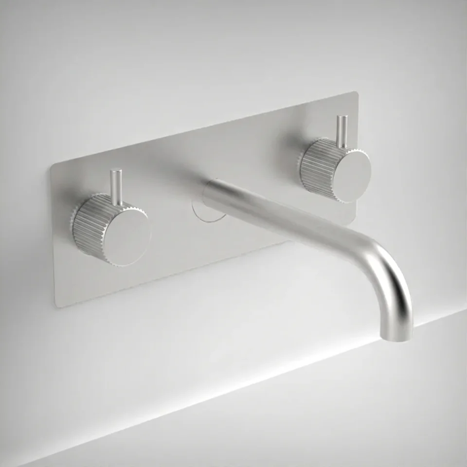 Ava Fluted 3 Hole Wall Mounted Basin Mixer With Back Plate - Brushed Stainless Steel product image - Image 1