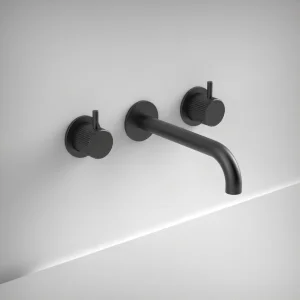 Ava Fluted 3 Hole Wall Mounted Basin Mixer W/ Flanges - Brushed Black