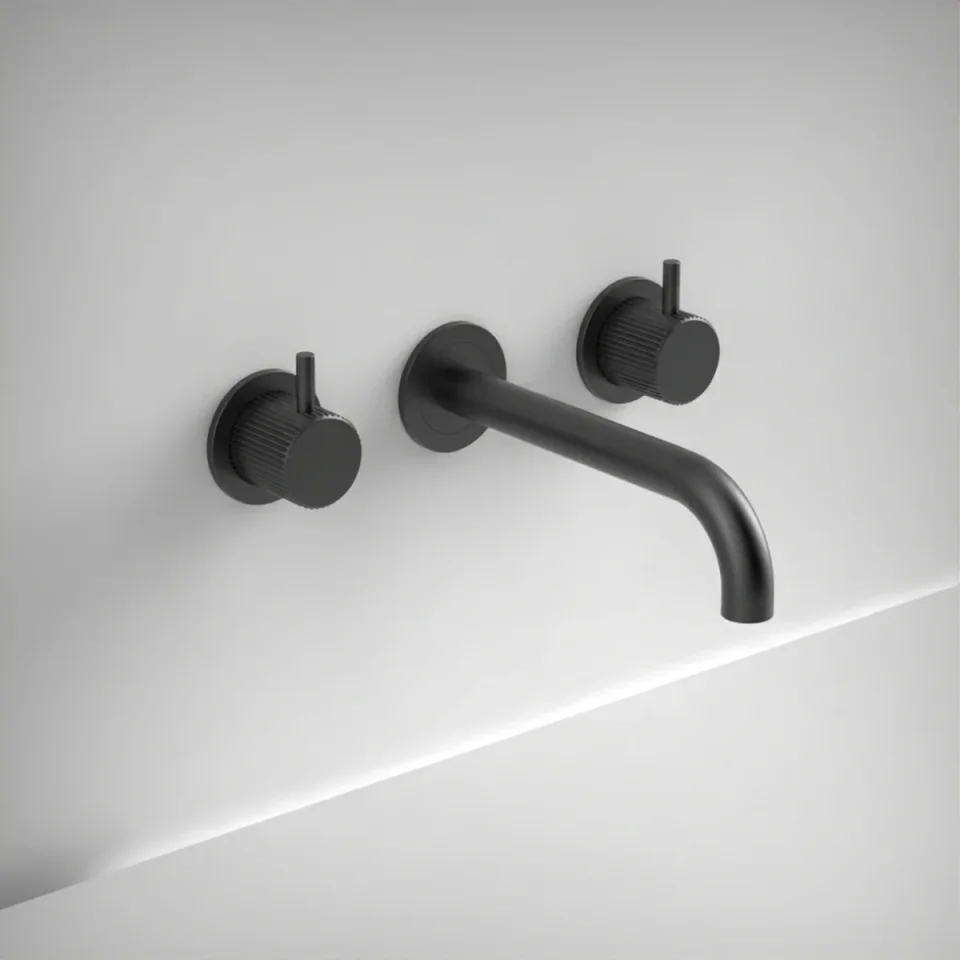 Ava Fluted 3 Hole Wall Mounted Basin Mixer W/ Flanges - Brushed Black product image - Image 1