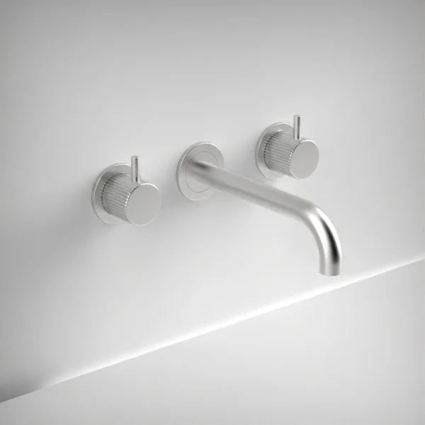 Ava Fluted 3 Hole Wall Mounted Basin Mixer W/ Flanges - Brushed Stainless Steel
