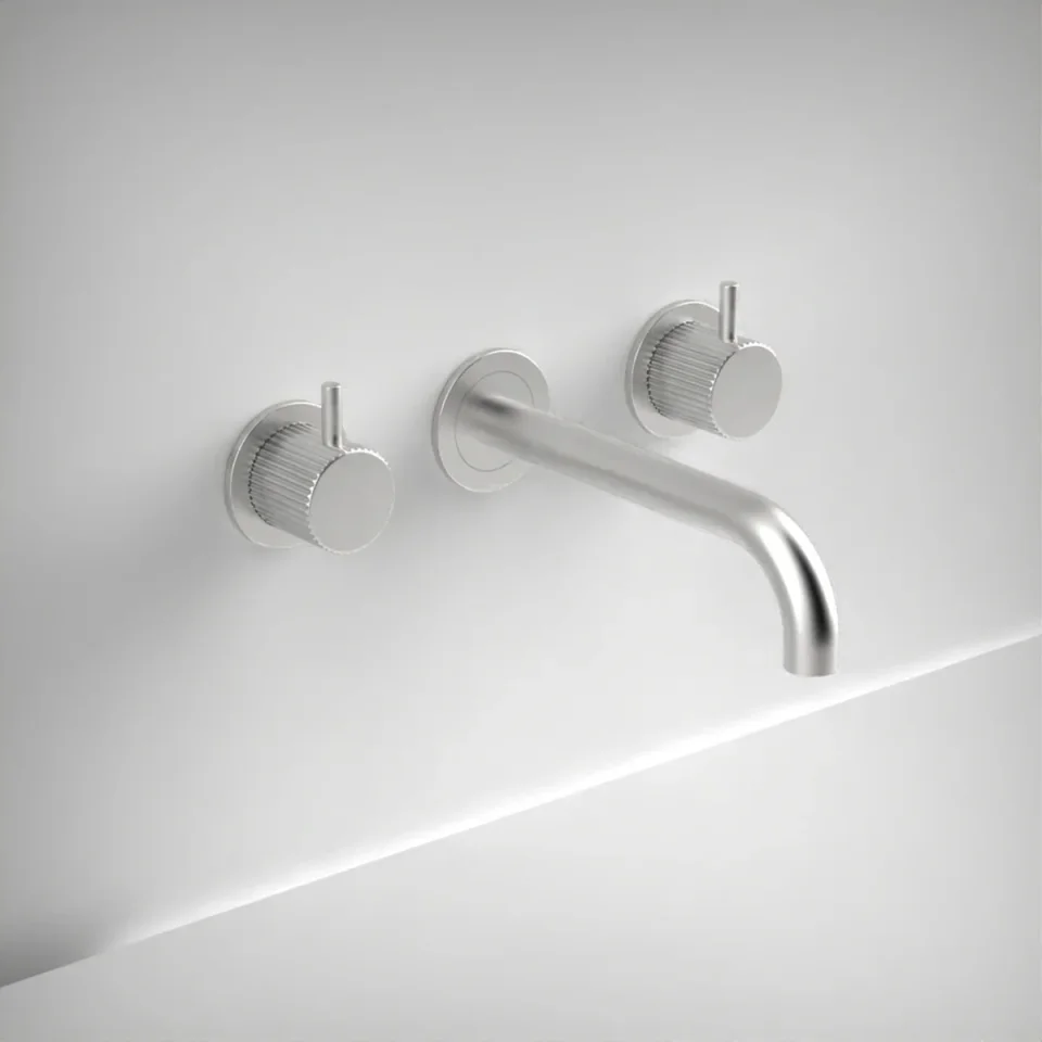 Ava Fluted 3 Hole Wall Mounted Basin Mixer W/ Flanges - Brushed Stainless Steel product image - Image 1