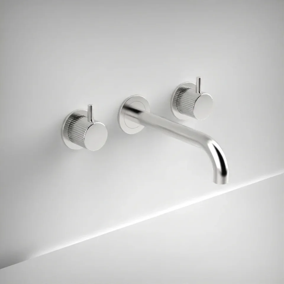 Ava Fluted 3 Hole Wall Mounted Bath Mixer - Polished Stainless Steel product image - Image 1