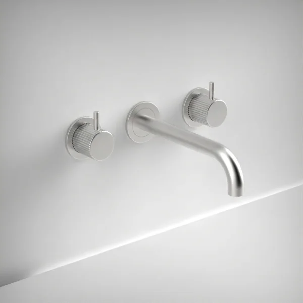 Ava Fluted 3 Hole Wall Mounted Bath Mixer - Brushed Stainless Steel