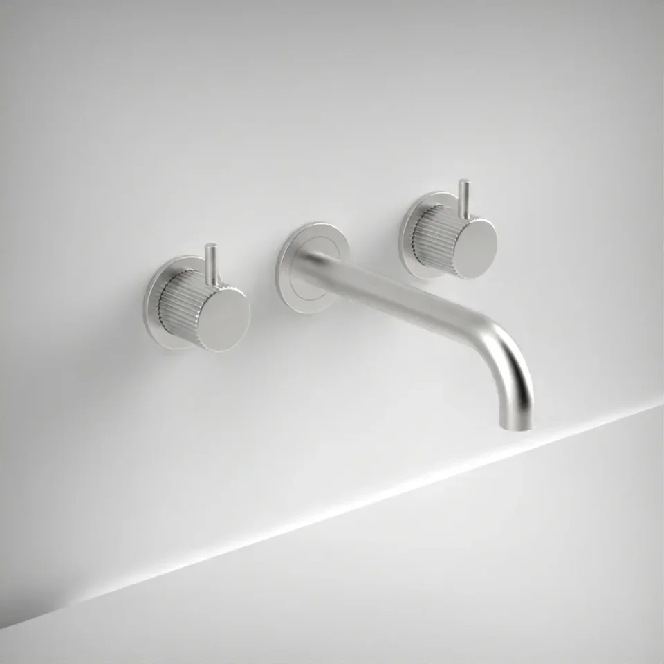 Ava Fluted 3 Hole Wall Mounted Bath Mixer - Brushed Stainless Steel product image - Image 1