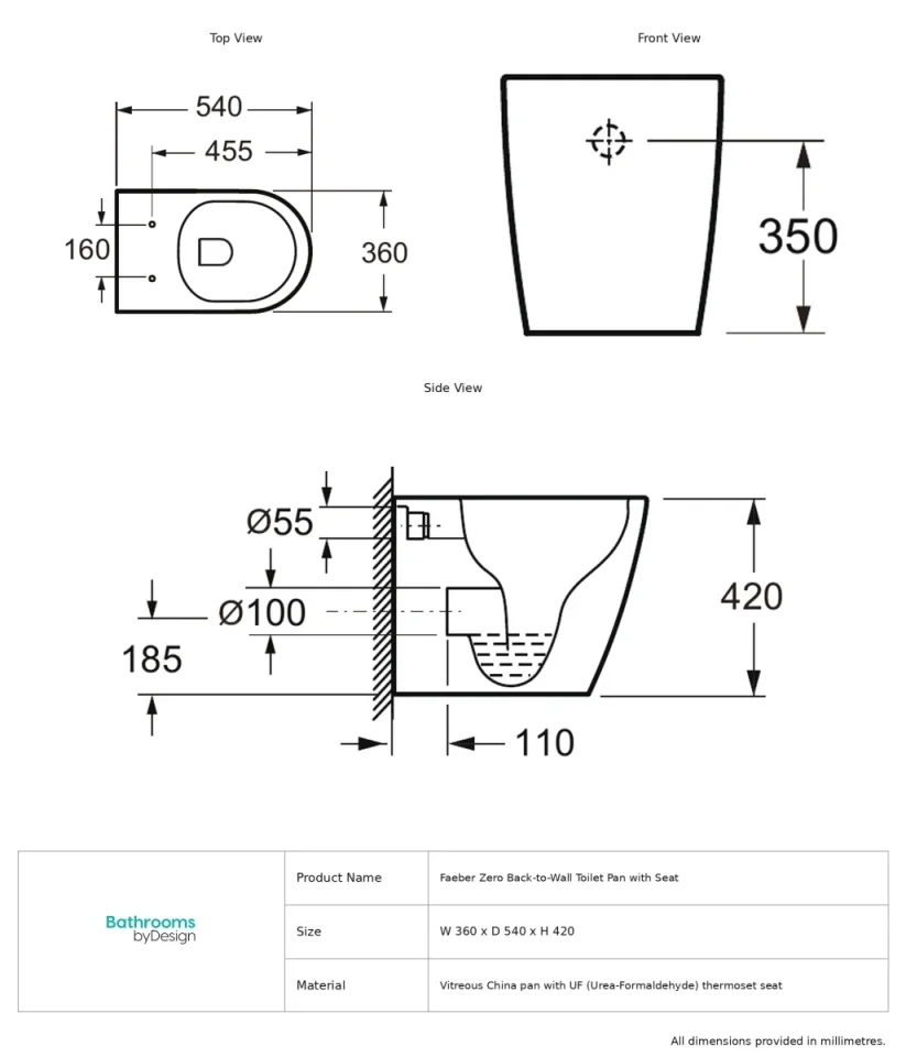 Faeber Zero Back To Wall Toilet Pan With Seat - Tornado Flush - Gloss White technical drawing - Image 2