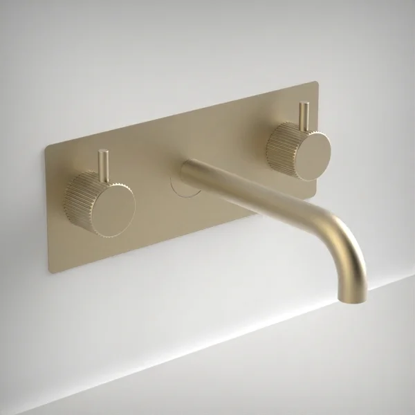Ava Fluted 3 Hole Wall Mounted Bath Mixer W/ Backplate - Brushed Brass