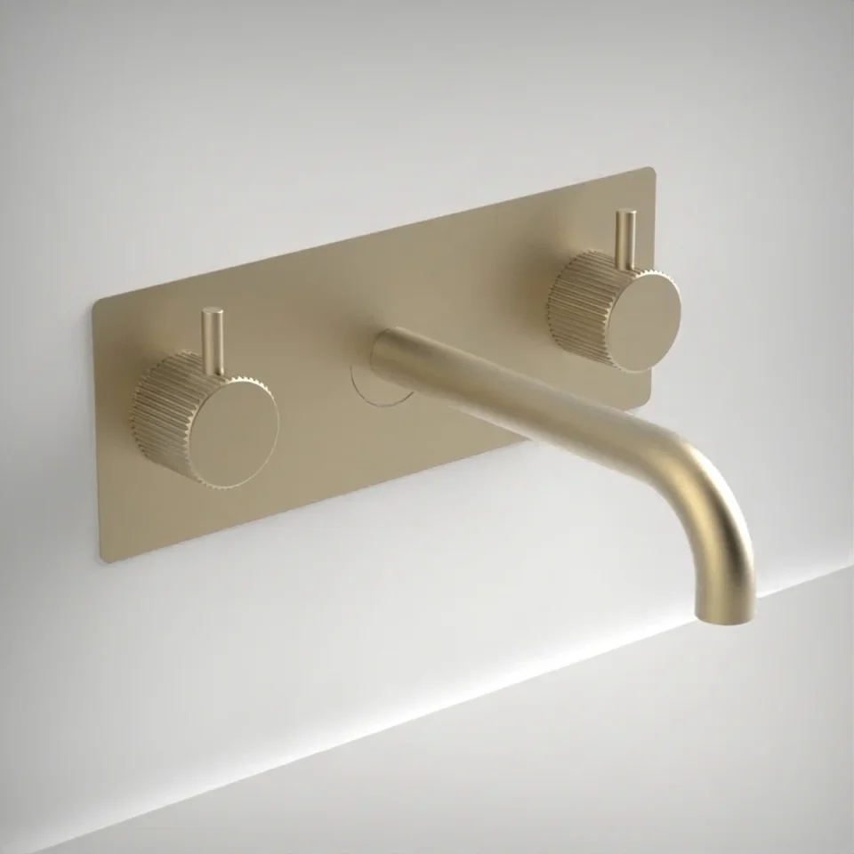 Ava Fluted 3 Hole Wall Mounted Bath Mixer W/ Backplate - Brushed Brass product image - Image 1