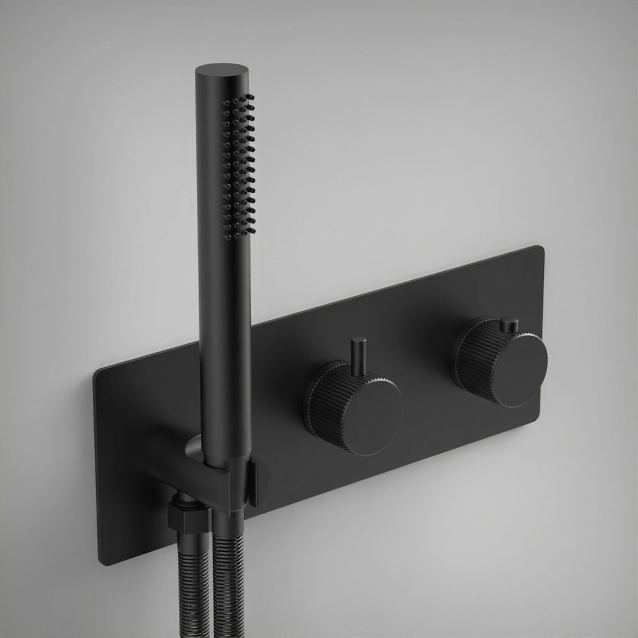 Ava Fluted 2 Way 2 Handle Thermostatic Valve With Built In Hand Shower W/3 Hole Backplate 3.0 - Brushed Black