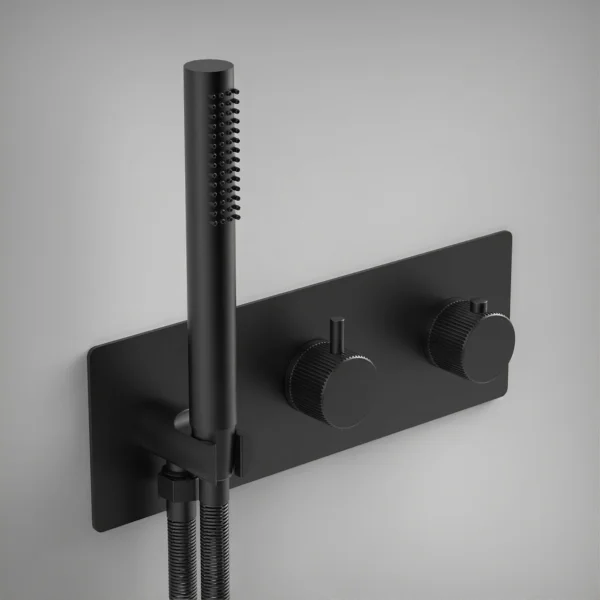 Ava Fluted 2 Way 2 Handle Thermostatic Valve With Built In Hand Shower W/3 Hole Backplate 3.0 - Brushed Black