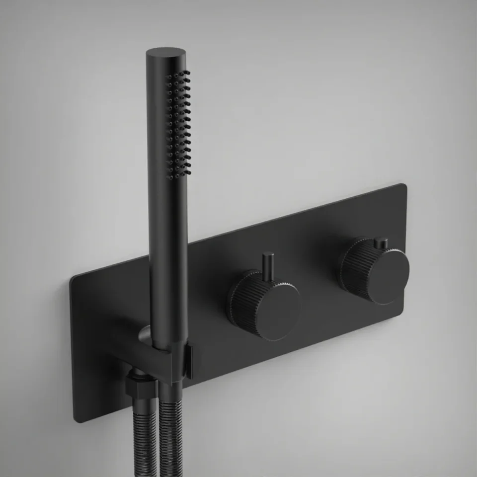 Ava Fluted 2 Way 2 Handle Thermostatic Valve With Built In Hand Shower W/3 Hole Backplate 3.0 - Brushed Black product image - Image 1