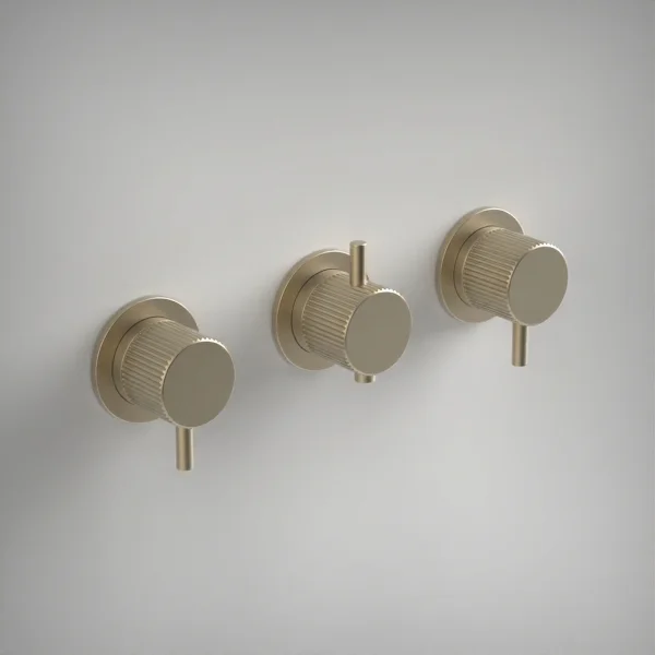 Ava Fluted 2 Way 3 Handle Thermostatic Valve W/ Flanges - Brushed Brass