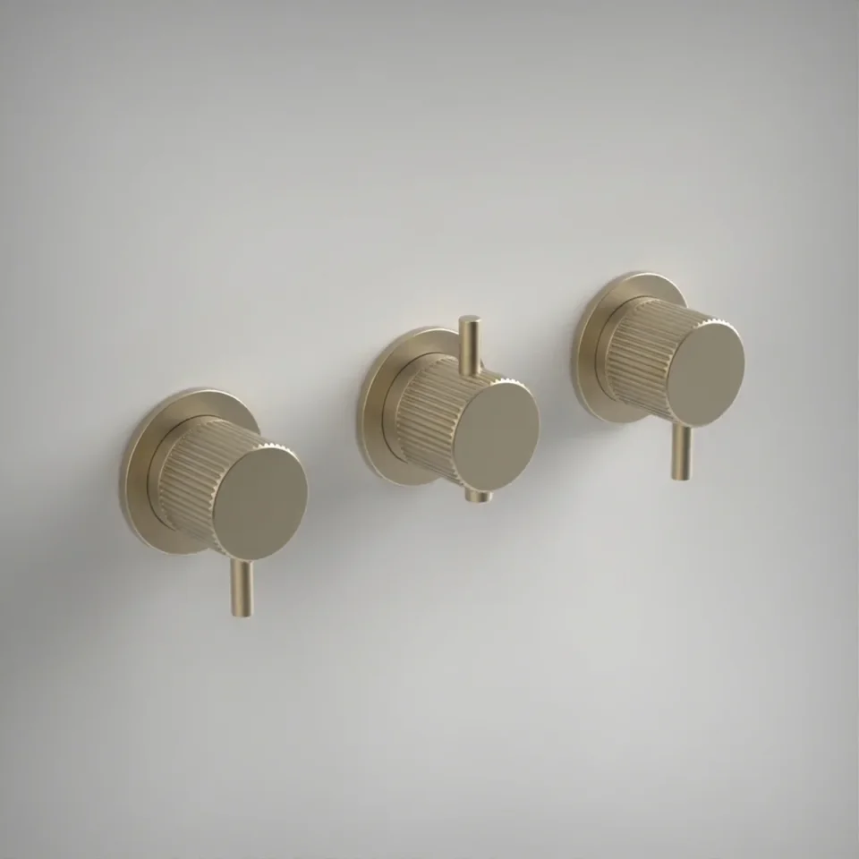 Ava Fluted 2 Way 3 Handle Thermostatic Valve W/ Flanges - Brushed Brass product image - Image 1