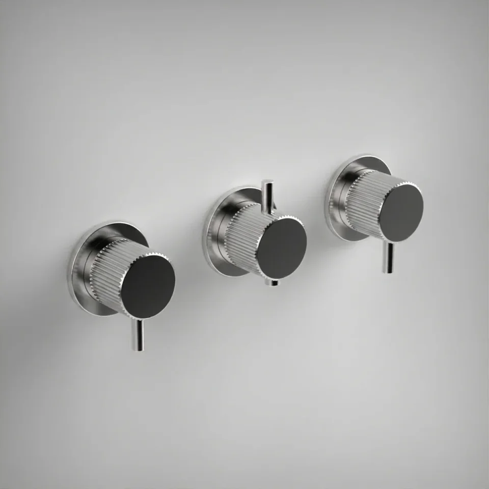 Ava Fluted 2 Way 3 Handle Thermostatic Valve W/ Flanges - Polished Stainless Steel product image - Image 1