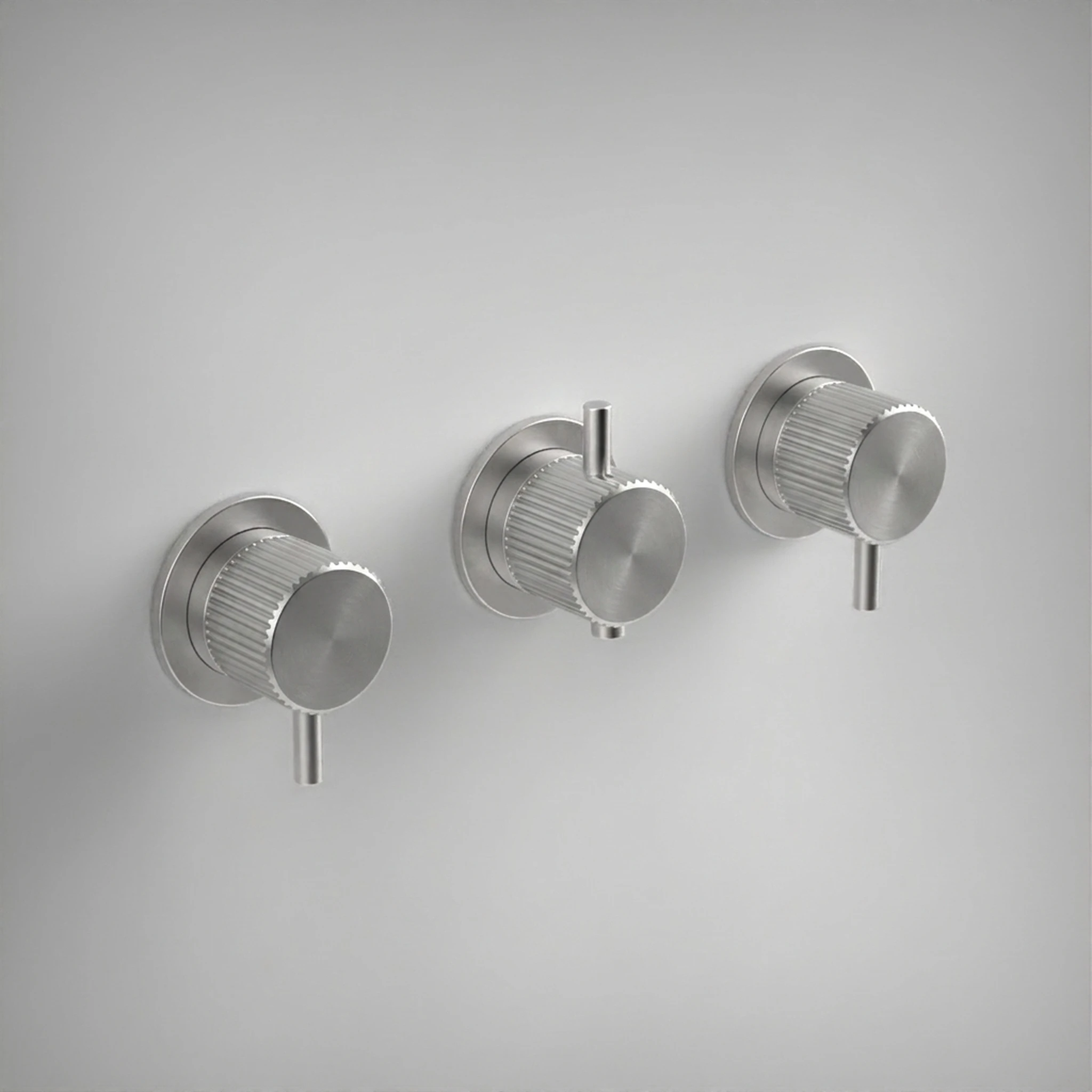 Ava Fluted 2 Way 3 Handle Thermostatic Valve W/ Flanges - Brushed Stainless Steel