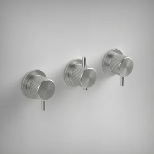 Ava Fluted 2 Way 3 Handle Thermostatic Valve W/ Flanges - Brushed Stainless Steel