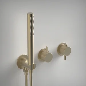 Ava Fluted 2 Way 2 Handle Thermostatic Valve With Built In Hand Shower W/3 Hole Flanges 3.0 - Brushed Brass