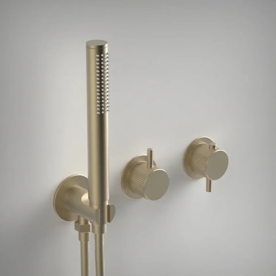 Ava Fluted 2 Way 2 Handle Thermostatic Valve With Built In Hand Shower W/3 Hole Flanges 3.0 - Brushed Brass product image - Image 1