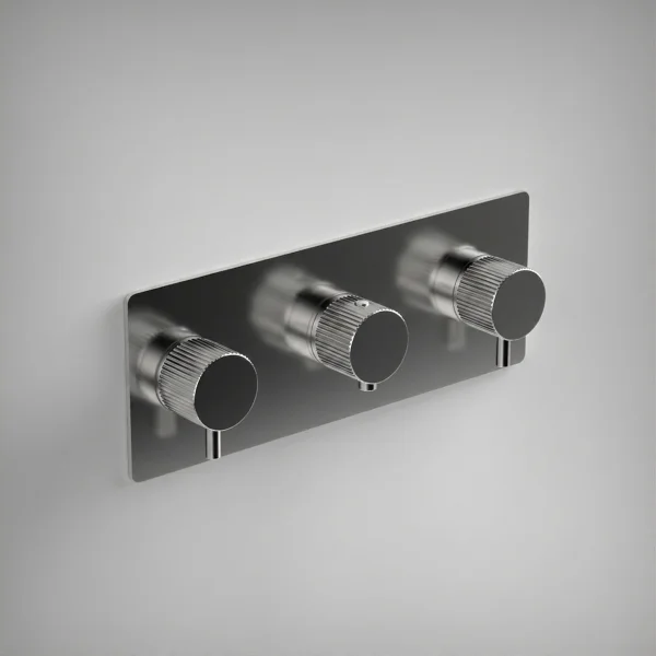Ava Fluted 3 Way 3 Handle Thermostatic Valve W/ Backplate 3.0 - Polished Stainless Steel