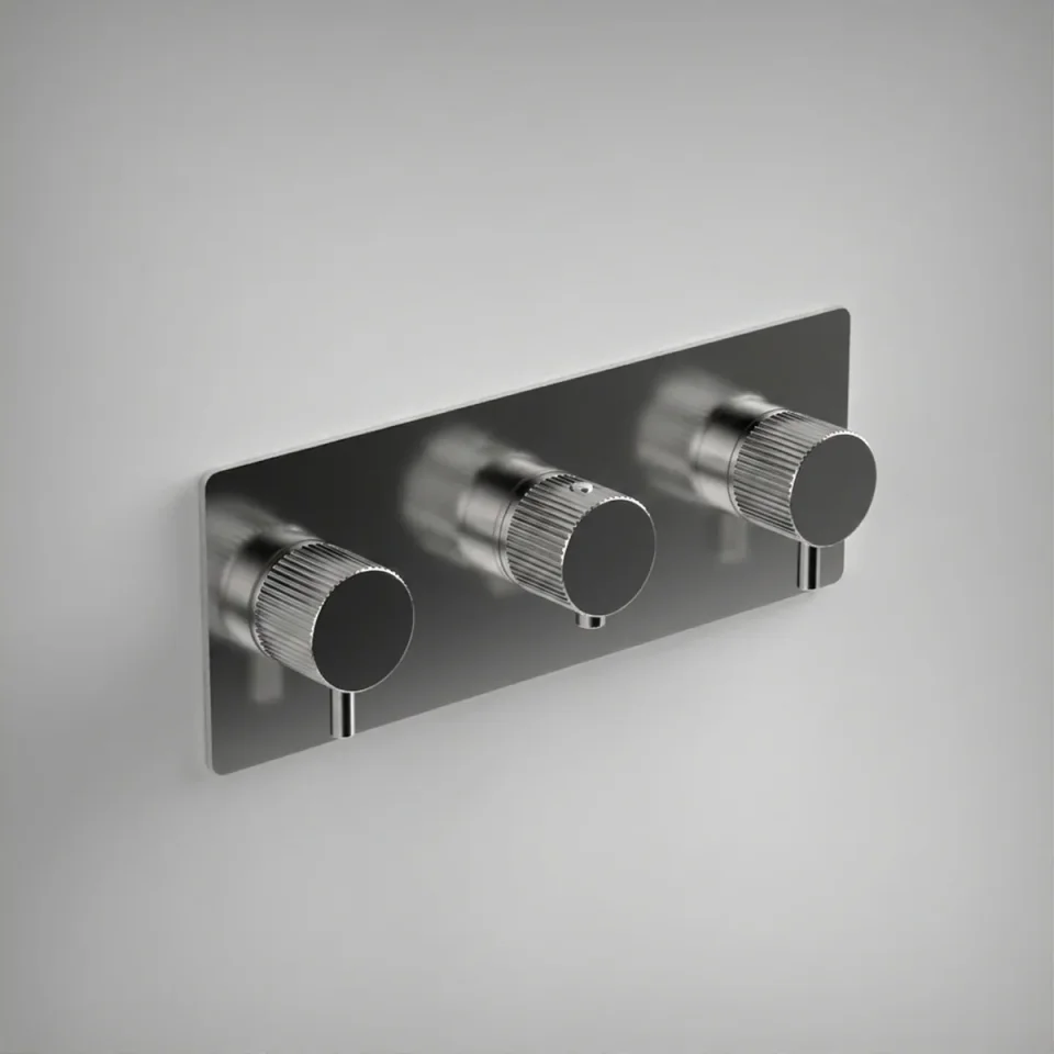 Ava Fluted 3 Way 3 Handle Thermostatic Valve W/ Backplate 3.0 - Polished Stainless Steel product image - Image 1