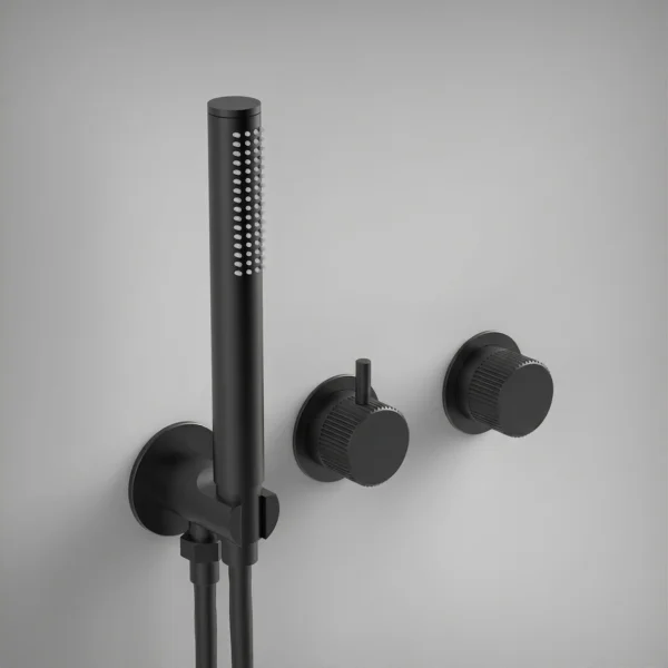 Ava Fluted 2 Way 2 Handle Thermostatic Valve With Built In Hand Shower W/3 Hole Flanges 3.0 - Brushed Black